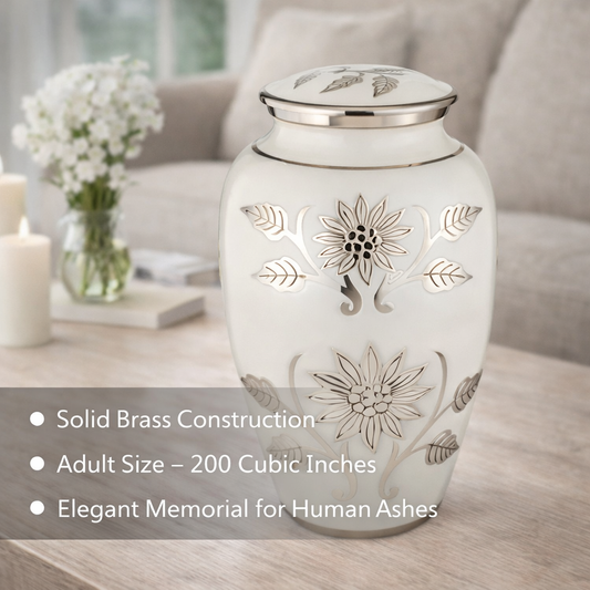 Lola White Sunflower Cremation Urn for Adult Ashes - Hand-Engraved Floral