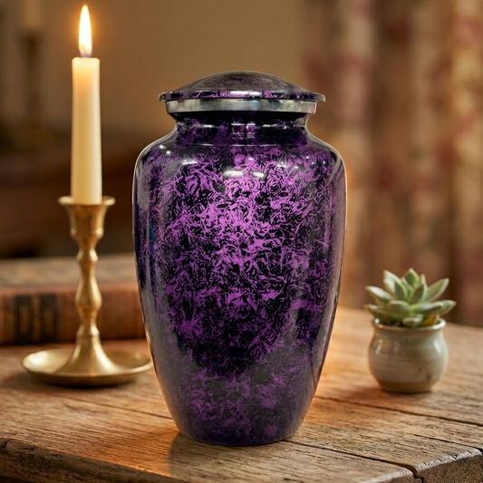 Purple urn on a wooden surface with a candle and plant in the background