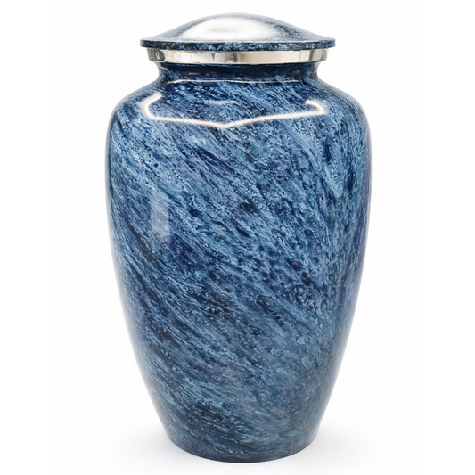 Blue marble-patterned urn with a silver lid on a white background