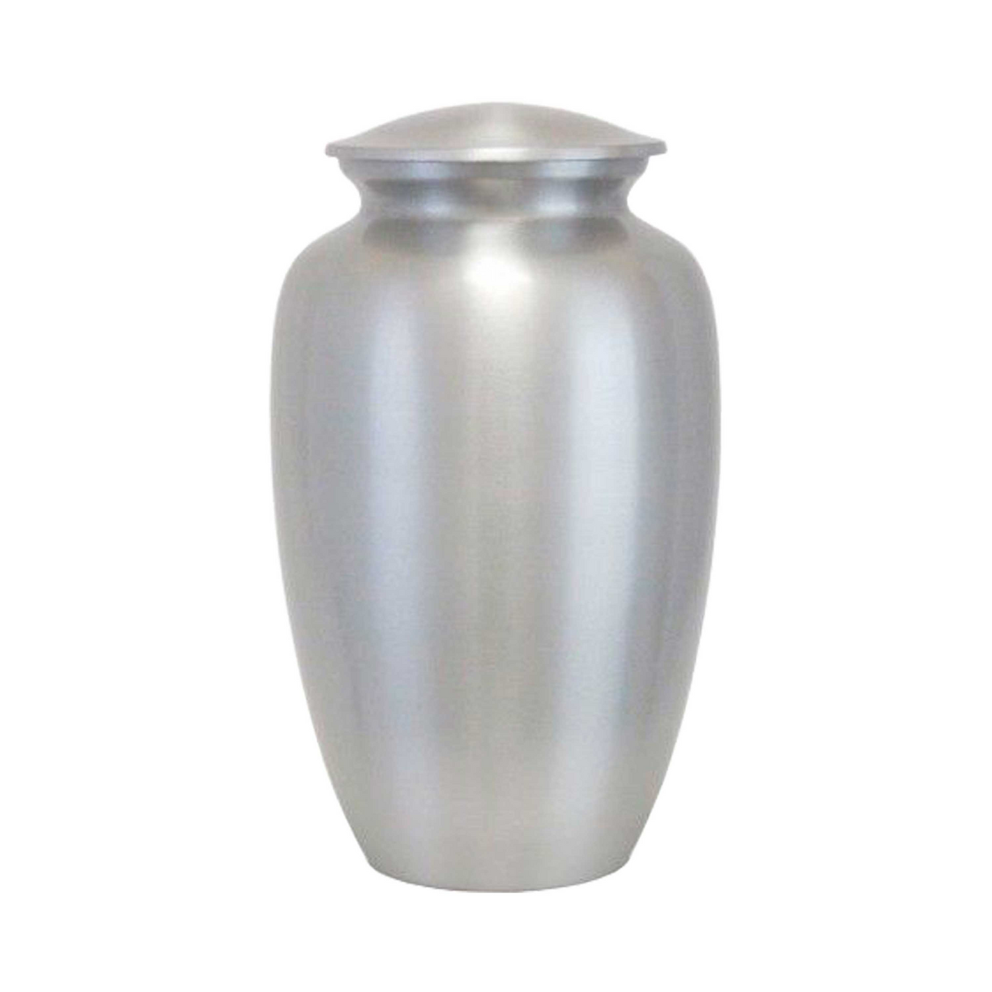 A silver aluminum cremation urn designed for human ashes with a minimalist and smooth finish.