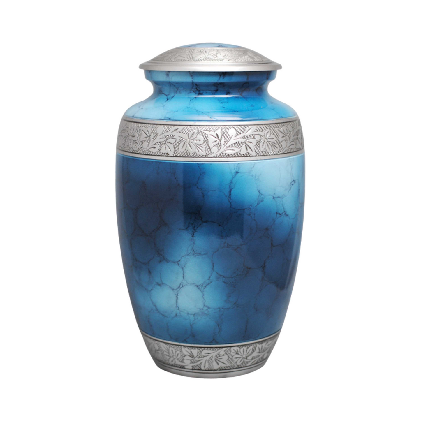 A Dark Blue Moon Classic Printed Cremation Urn with a design of a deep blue sky with a glowing moon, made of aluminum.