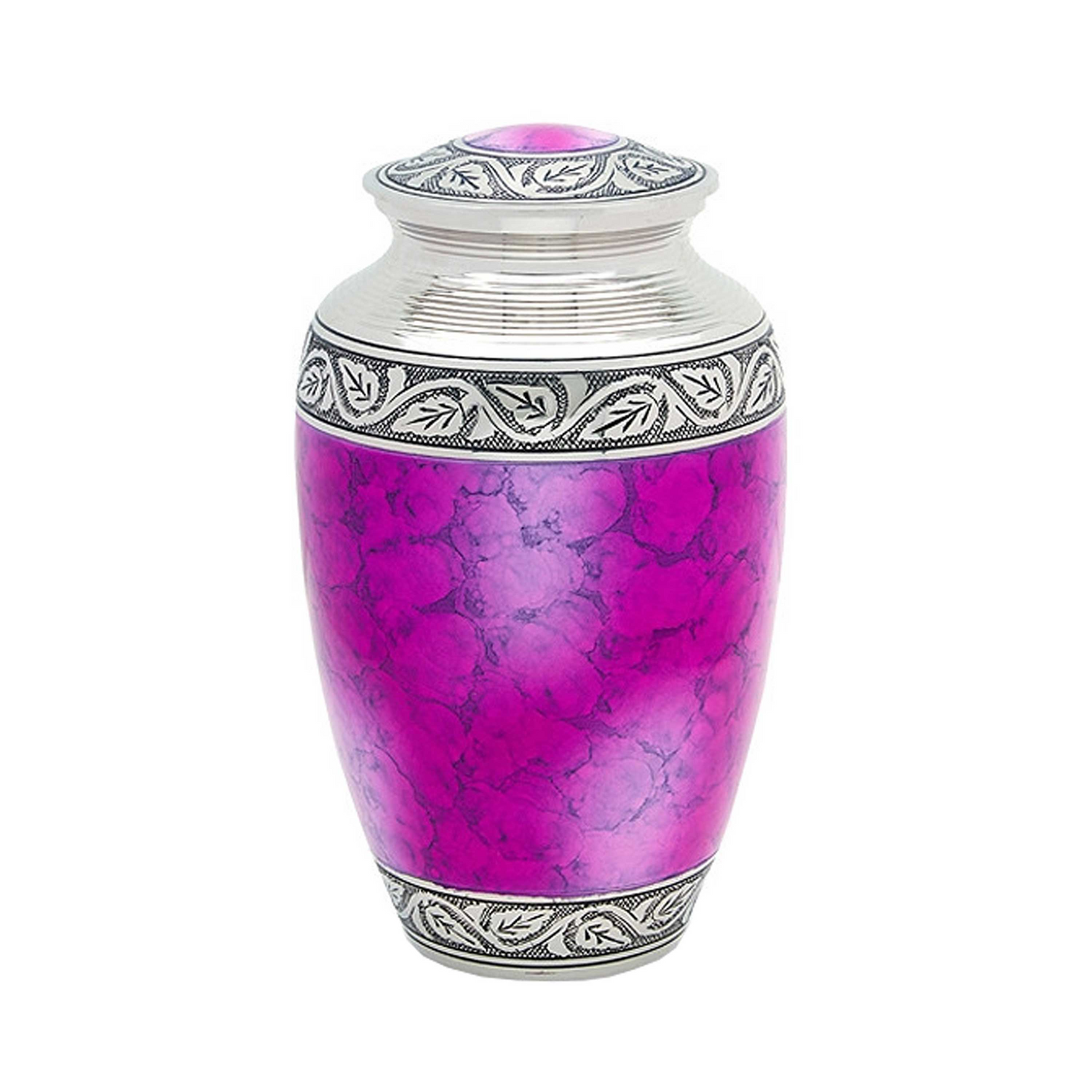 A purple and silver aluminum cremation urn with a leaf pattern and decorative trim.