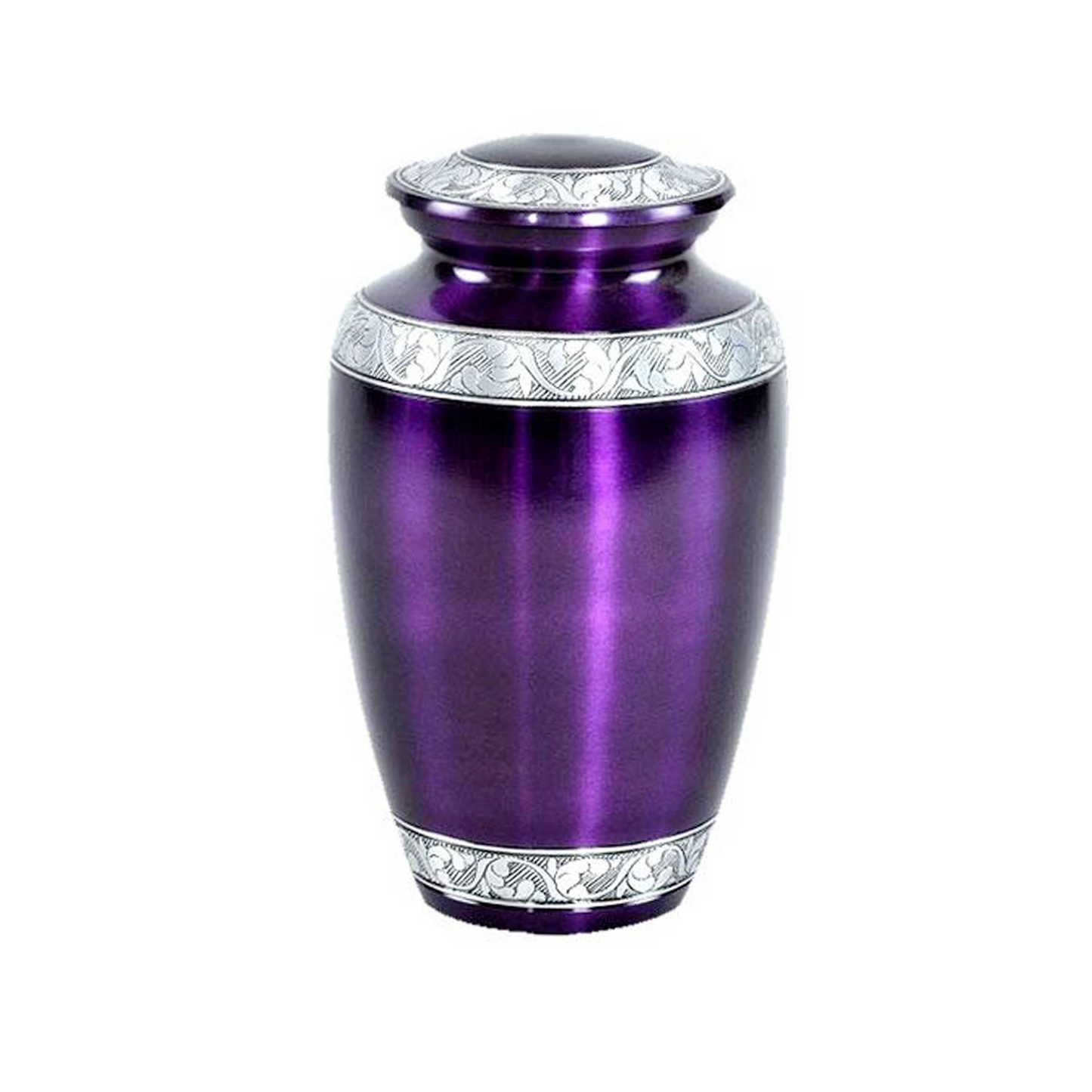 A glossy purple engraved aluminum cremation urn for human ashes with a white patterned band near the top.