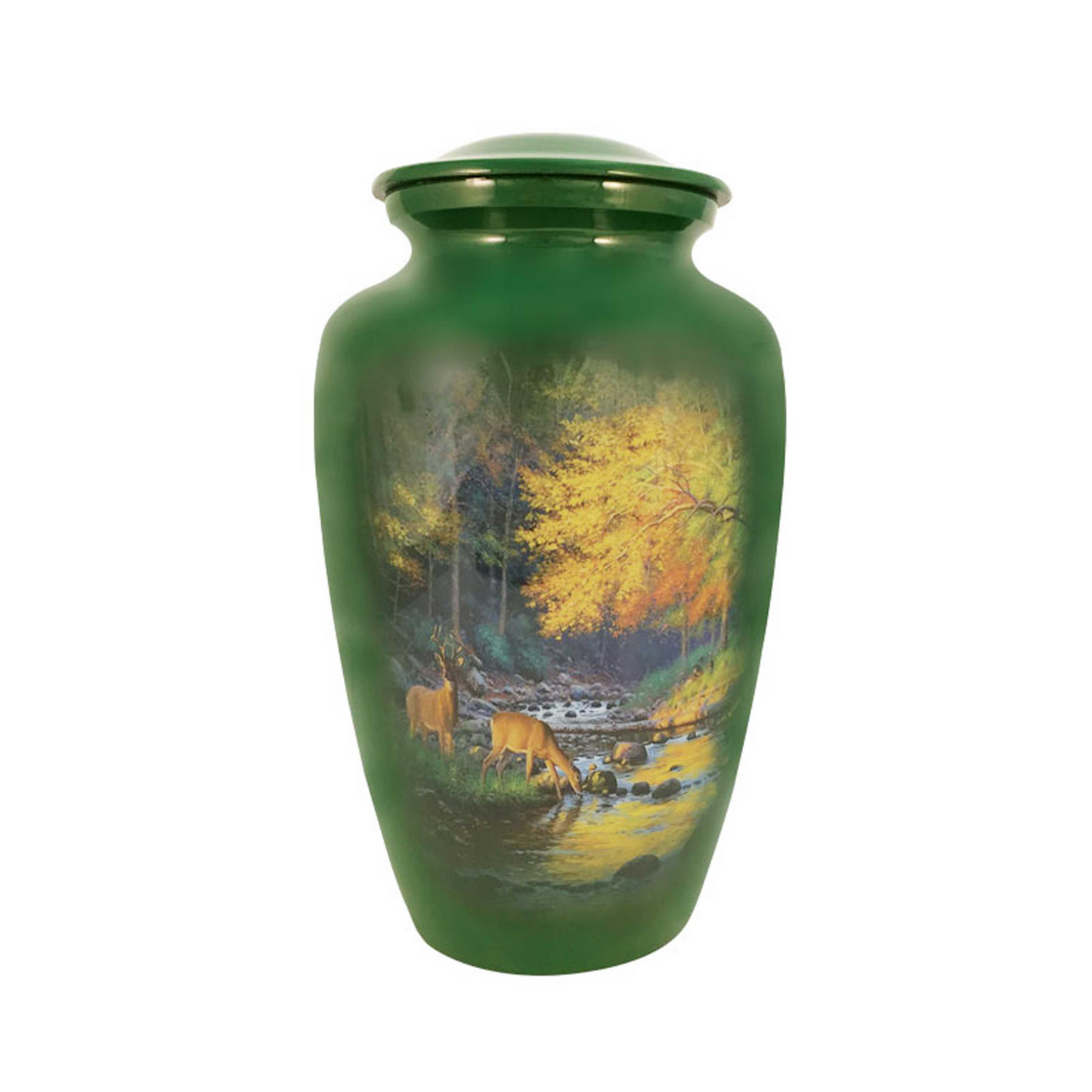 Unreal Drinking Deers Printed Green Cremation Urn for Human Ashes