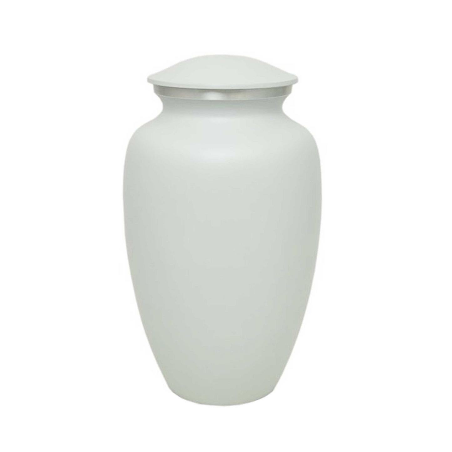 A white, metallic, classic cremation urn for human ashes with a smooth finish.