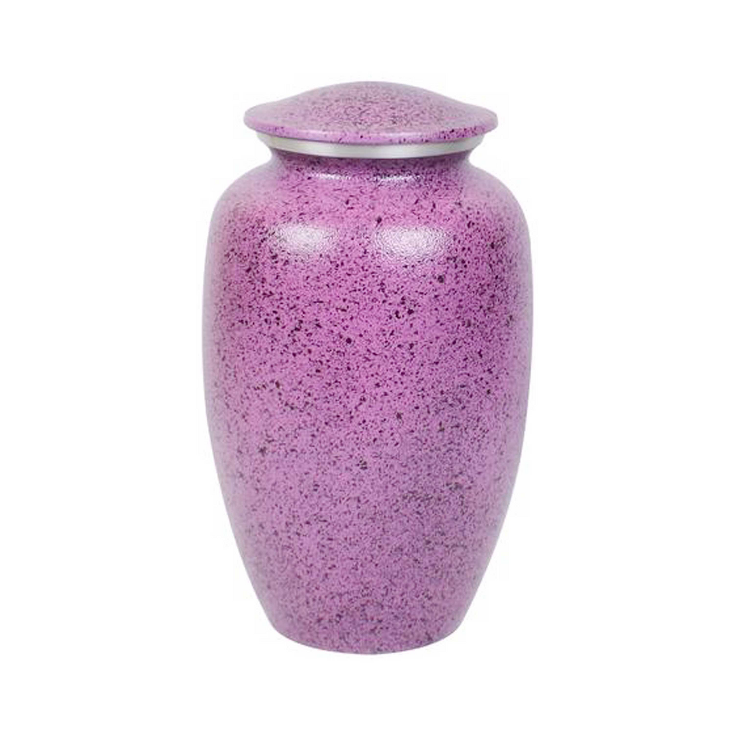 A pink cremation urn with black spot design, closed with a lid on top.