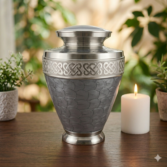 Silver and gray urn on a wooden surface with plants and a candle in the background
