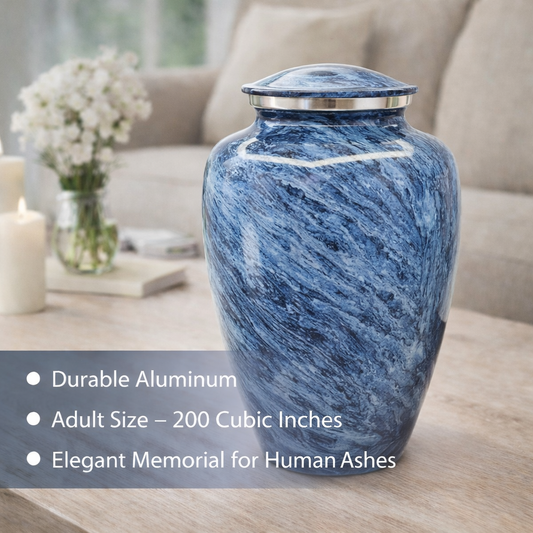 Ocean Blue Marble Cremation Urn for Human Ashes – Metal Adult Urn (200 Cu. In)