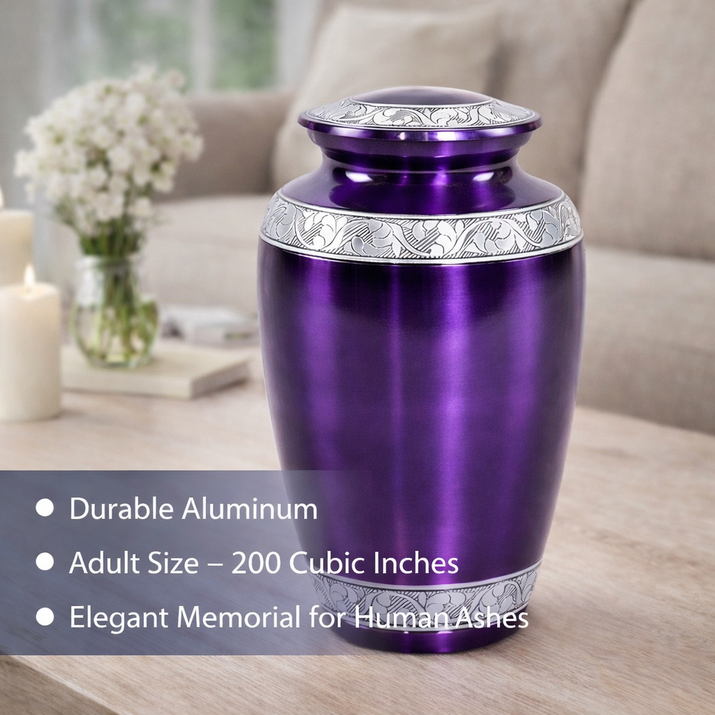 Deep Purple Silver Engraved Cremation Urn for Human Ashes (Adult Size)
