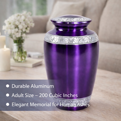 Deep Purple Silver Engraved Cremation Urn for Human Ashes (Adult Size)