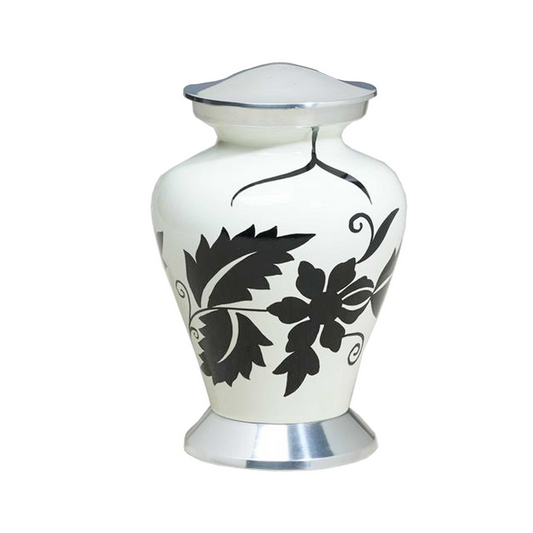 White Aria with Black Vine Printed Cremation Urn for Human Ashes