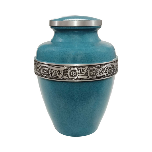 Blue Marbled Avalon with Floral Engraved Band Cremation Urn for Human Ashes