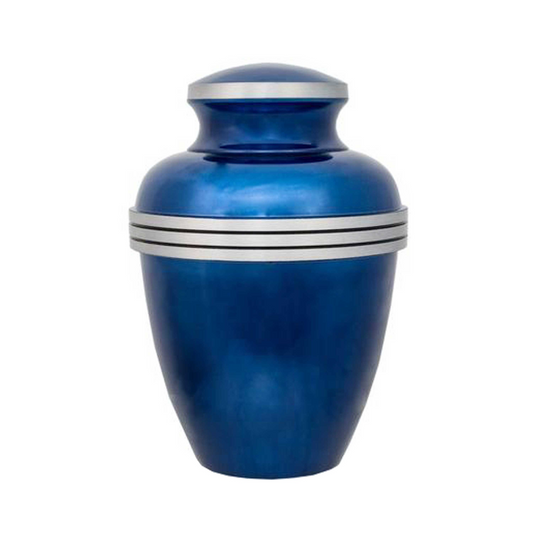 Royal Blue Grey Avalon with Three Black Striped Band Cremation Urn for Human Ashes