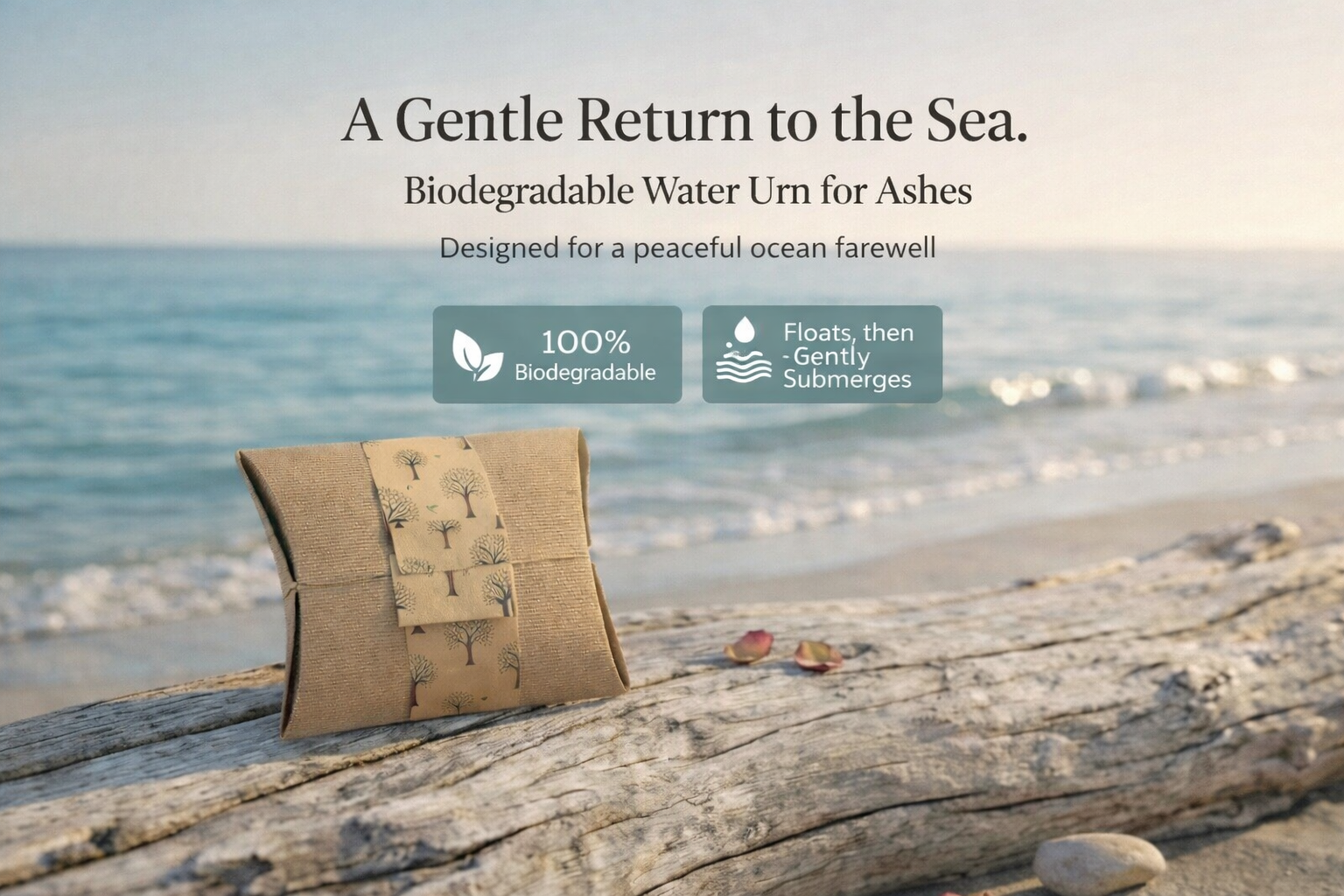Biodegradable water urn for ashes on a beach with ocean view