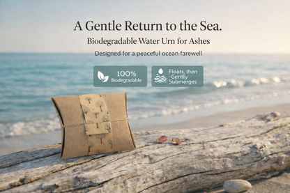 Biodegradable water urn for ashes on a beach with ocean view