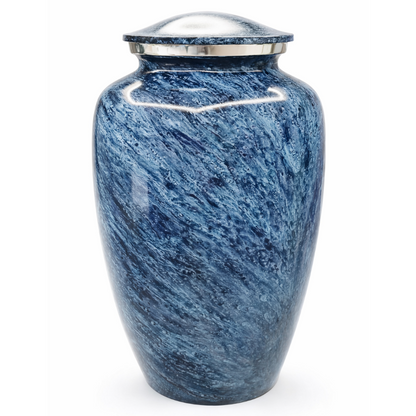 Blue marble-patterned urn with a silver lid on a white background