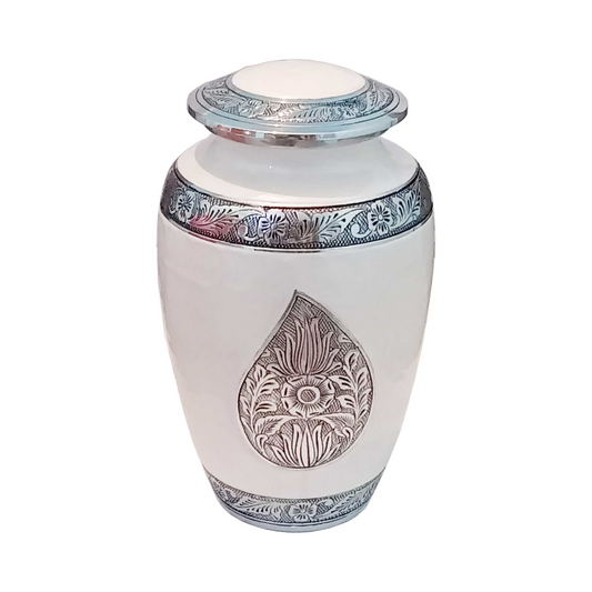 Drop Engraved White Enamel Cremation Urn for Human Ashes