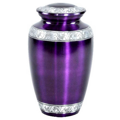A glossy purple engraved aluminum cremation urn for human ashes with a white patterned band near the top.