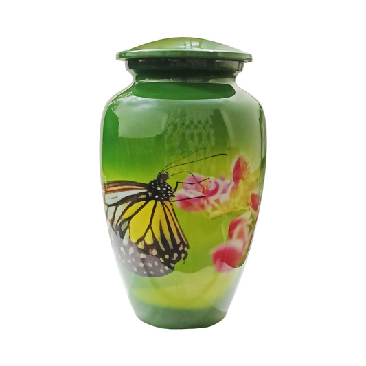 Green Butterfly Printed Cremation Urn for Human Ashes