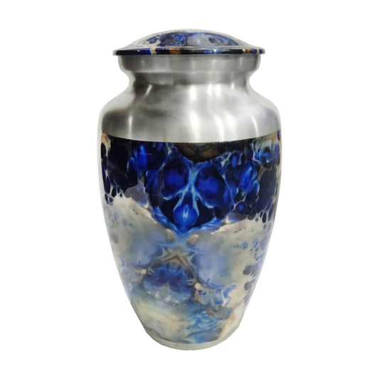 Silver Neck Blue Blotch Pattern Printed Cremation Urn for Human Ashes