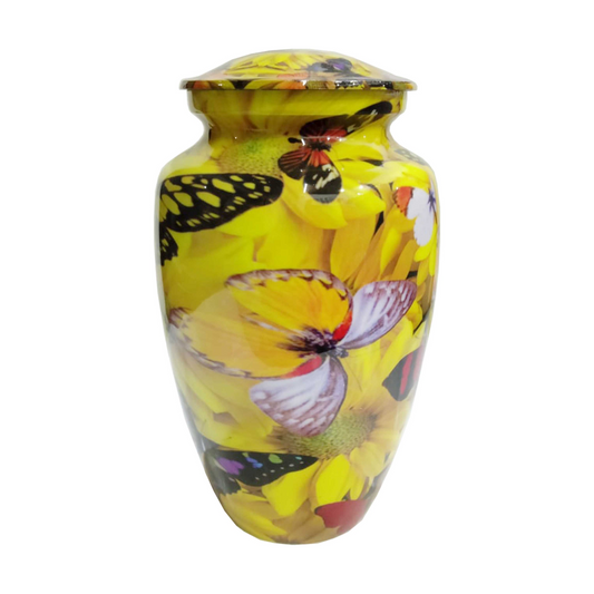 Yellow Floral Unreal Butterflies Printed Cremation Urn for Human Ashes