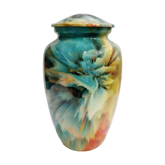 Blue &amp; Yellow Ikat Pattern Printed Cremation Urn for Human Ashes