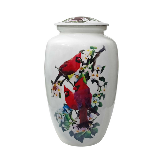 White Unreal Cardinals Printed   Cremation Urn for Human Ashes