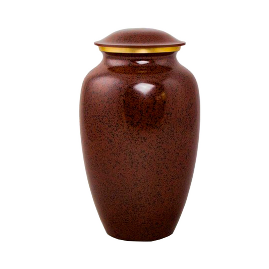 A brown marble cremation urn with a gold-colored lid, designed for human ashes.
