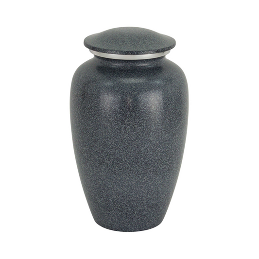 A smooth, soft grey cremation urn with a gentle, foamy texture, with a lid on top.