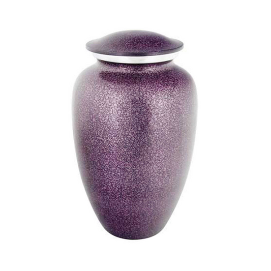 A purple granite classic cremation urn for human ashes with a lid on top.