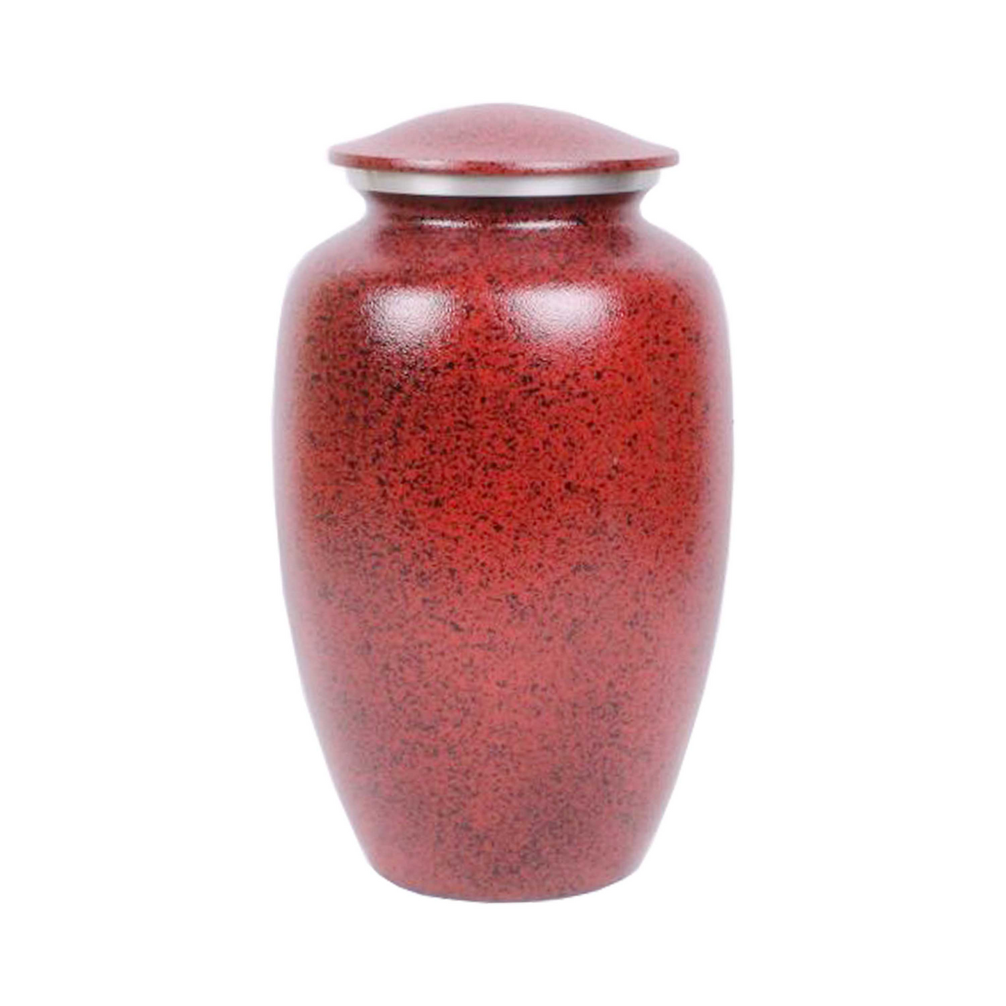 A photo of the Red & Black Spot Classic Cremation Urn for Human Ashes, which is made of aluminum and has a speckled red and black color.