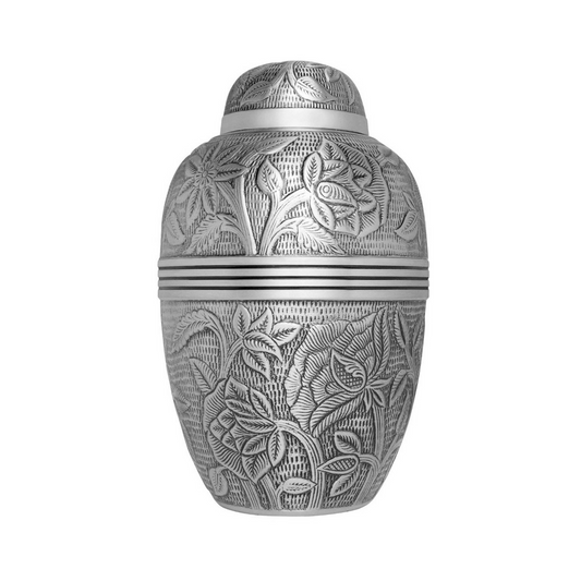 Dom Top Floral Engraved Silver Cremation Urn for Human Ashes
