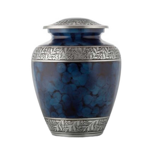Dark Blue Sponge & Floral Engraved Cremation Urn for Human Ashes