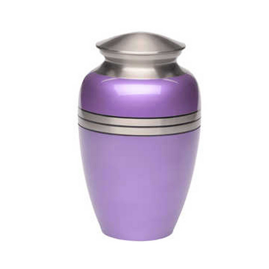 A baby pink cremation urn with three elegant stripes, made of aluminum.