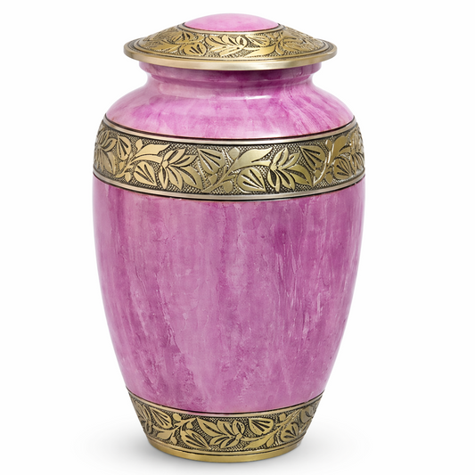 Pink urn with gold decorative elements on a white background