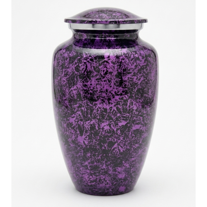 Purple and black textured stone patterned cremation urn on a white background