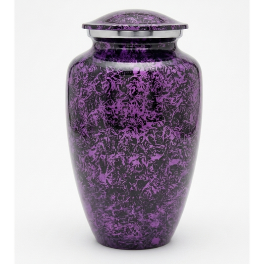 Purple and black textured stone patterned cremation urn on a white background