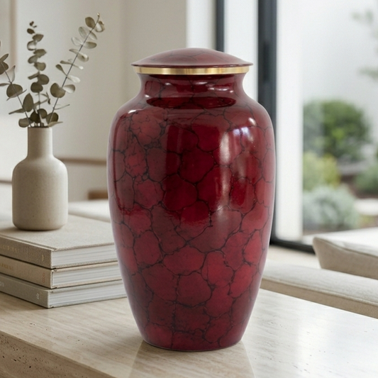 Red cremation with gold lid on a wooden table in a room with large windows