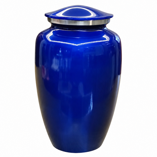 Blue urn with a silver lid on a white background