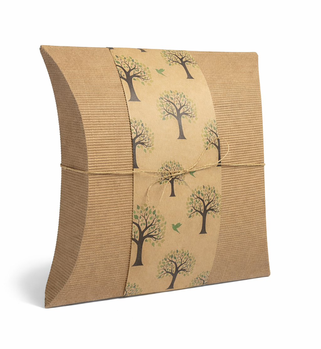 Brown pillow-shaped biodegradable water urn with tree and hummingbird pattern