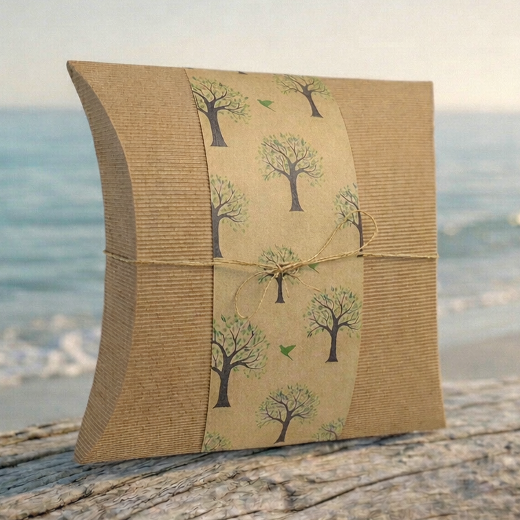 Water pillow urn with tree design on a wooden surface by the sea
