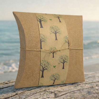 Water pillow urn with tree design on a wooden surface by the sea