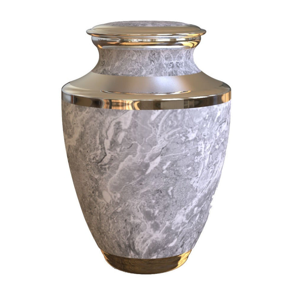 Marble-patterned urn with silver accents on a white background