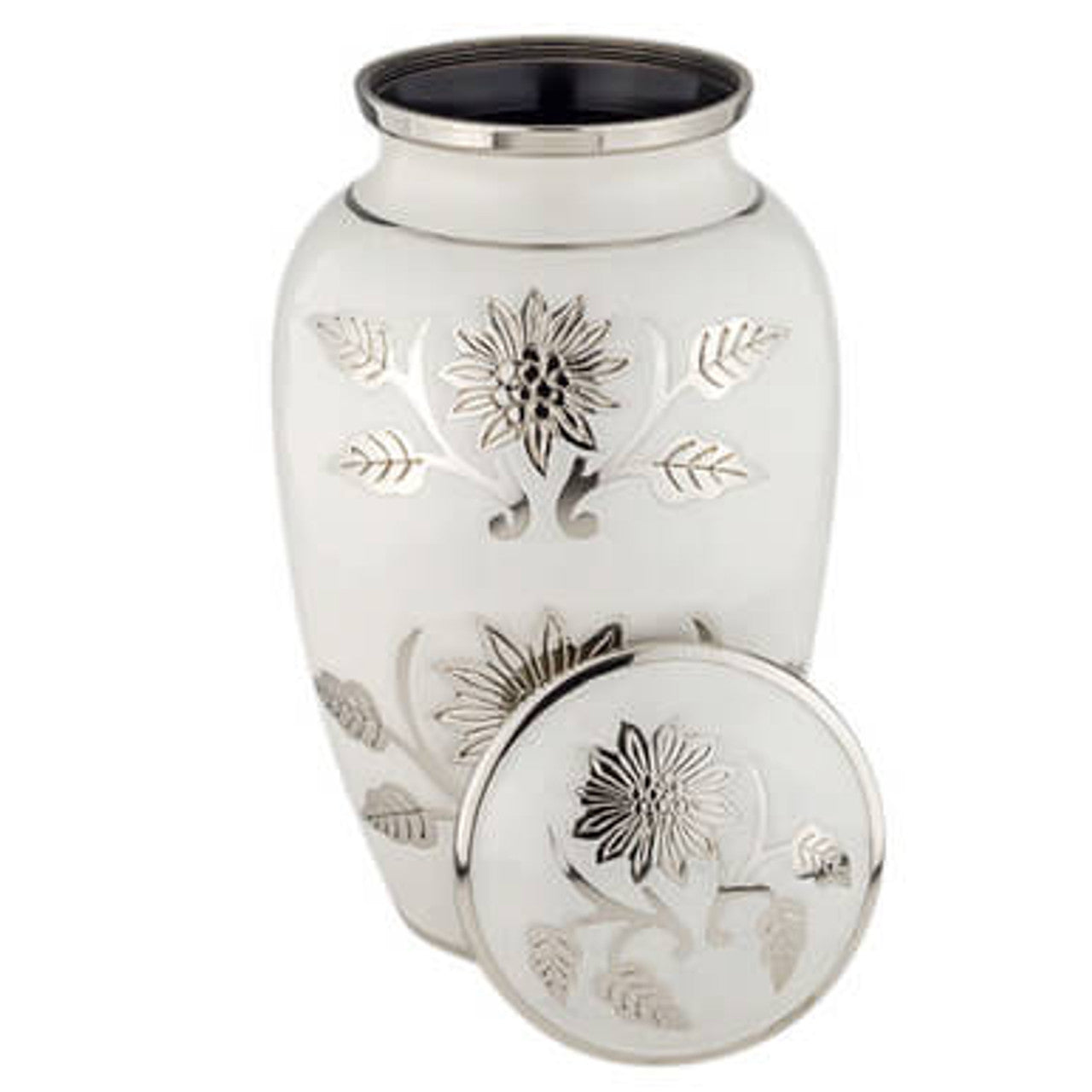 White urn with silver floral designs on a white background